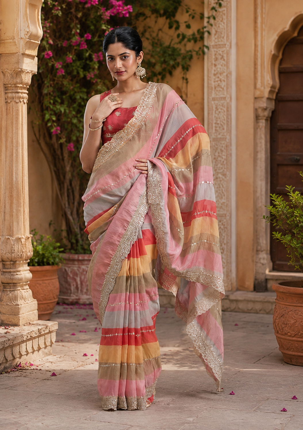Premium Zari Border Silk Saree With Unstitched Blouse(Multicolor)