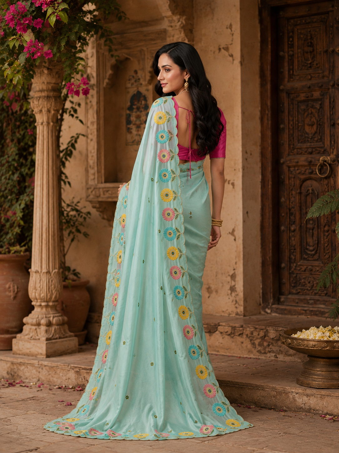 Crepe Silk Embroidery Work Zari Border Saree With Unstitched Blouse(Sky Blue)