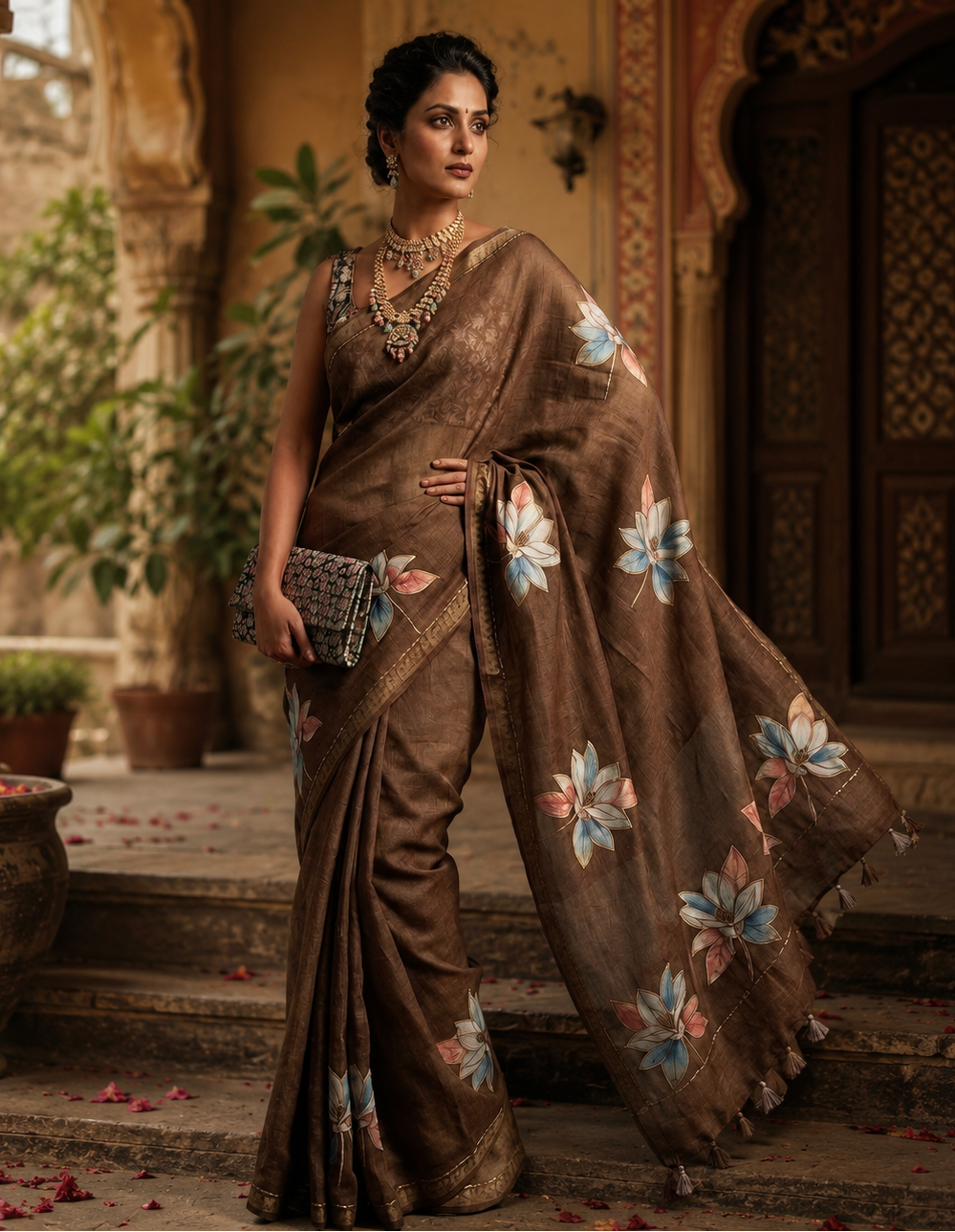 Cotton Silk Kantha Work Saree With Unstitched Blouse(Brown)