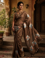 Cotton Silk Kantha Work Saree With Unstitched Blouse(Brown)
