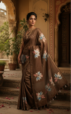 Cotton Silk Kantha Work Saree With Unstitched Blouse(Brown)