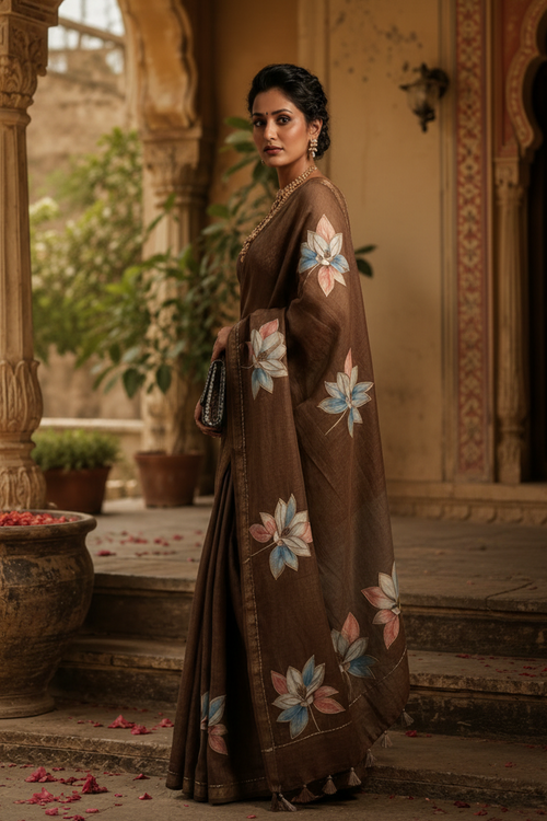 Cotton Silk Kantha Work Saree With Unstitched Blouse(Brown)
