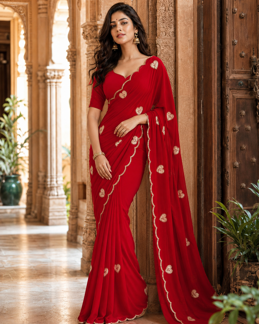 Georgette Heart Patch Work Saree With Unstitched Blouse(Red)