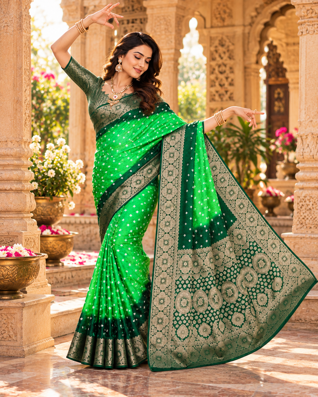 Satin Silk Bandhan Bhej Zari Border Work Saree With Unstitched Blouse(Green)