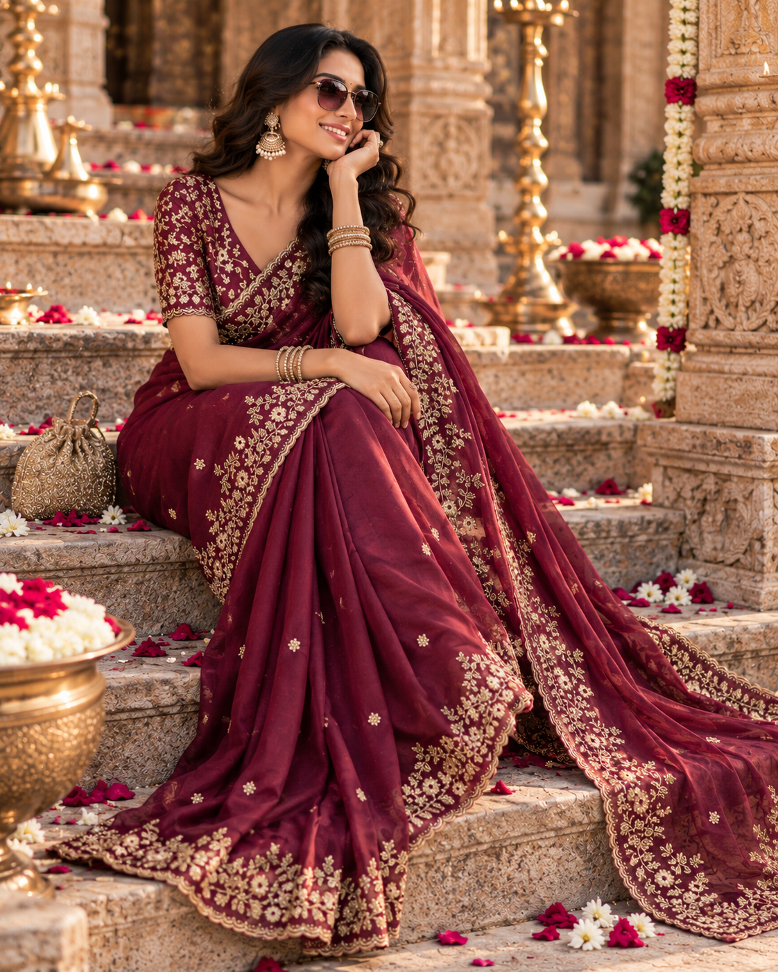 Chiffon Silk Embroidery Sequin Work Saree With Unstitched Blouse(Wine)
