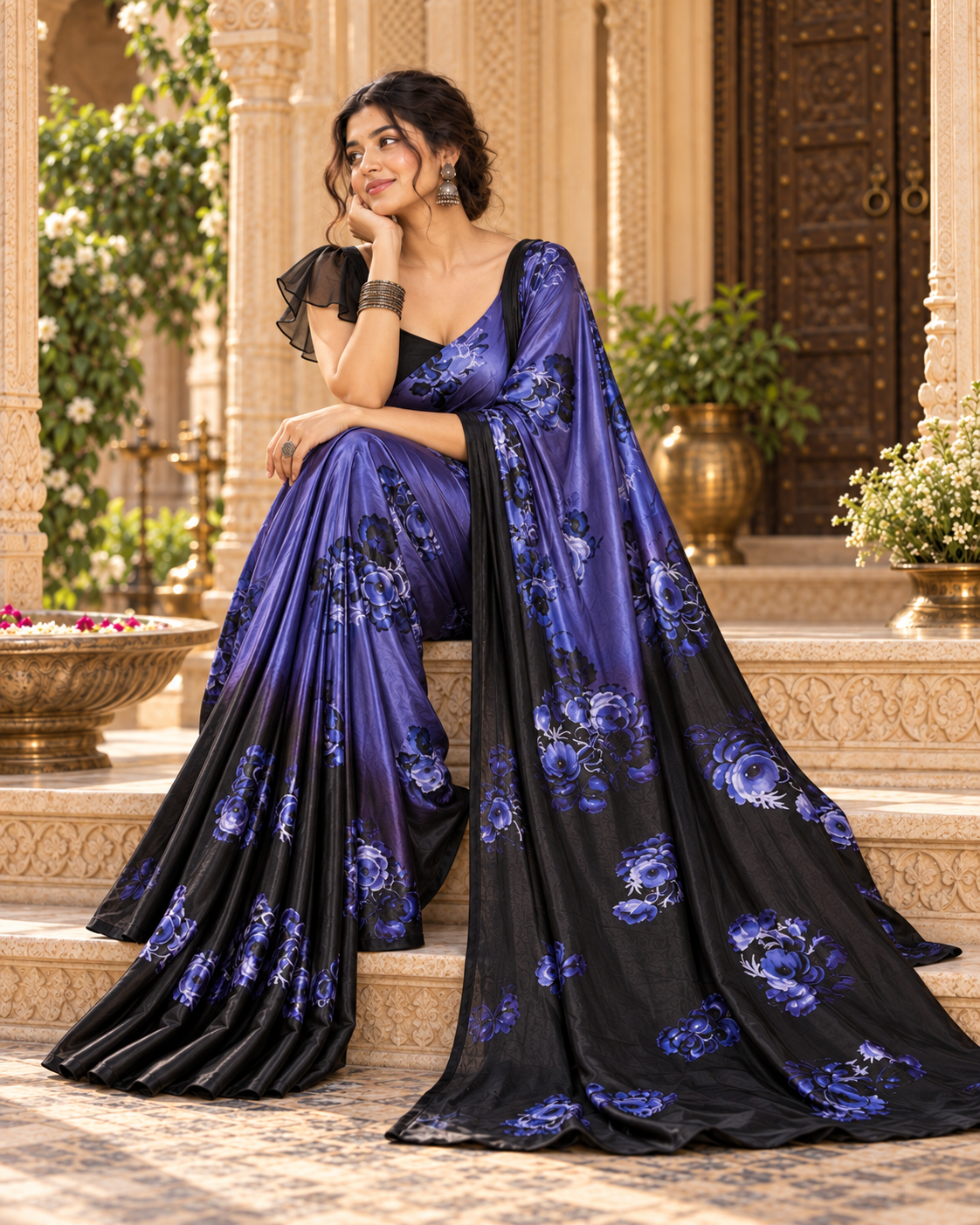 Satin Silk Floral Print Saree With Unstitched Blouse(Blue)