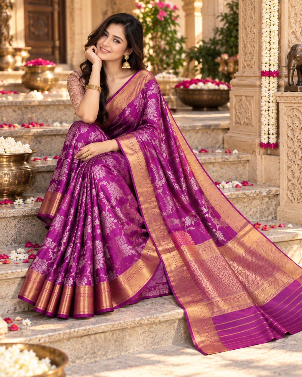 Premium Banarrasi Silk Saree With Unstitched Blouse(Violet)