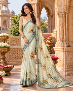 Pure Silk Printed Saree with Unstitched Blouse(Silver)