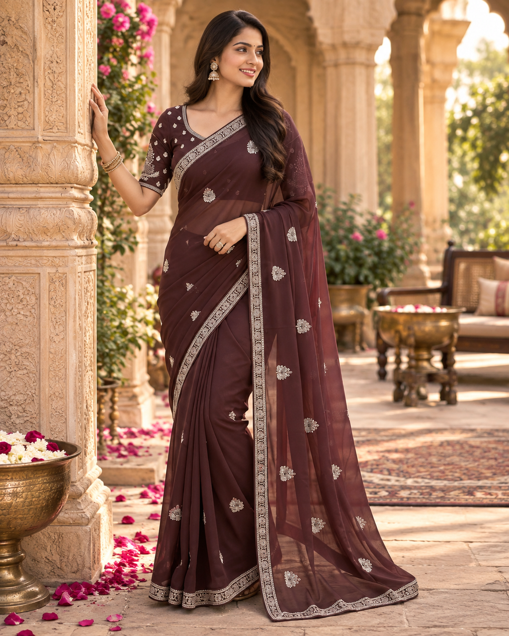Rangoli Silk Embroidery Work Saree With Unstitched Blouse(Brown)