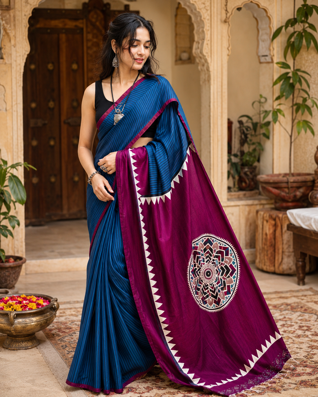 Gaji Silk Ajrakh Printed Saree With Unstitched Blouse(Blue)