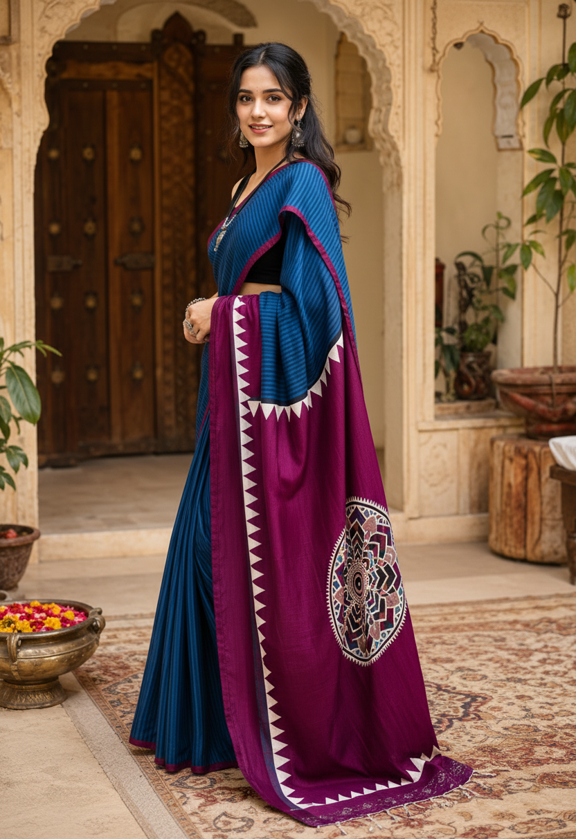 Gaji Silk Ajrakh Printed Saree With Unstitched Blouse(Blue)