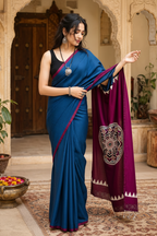 Gaji Silk Ajrakh Printed Saree With Unstitched Blouse(Blue)