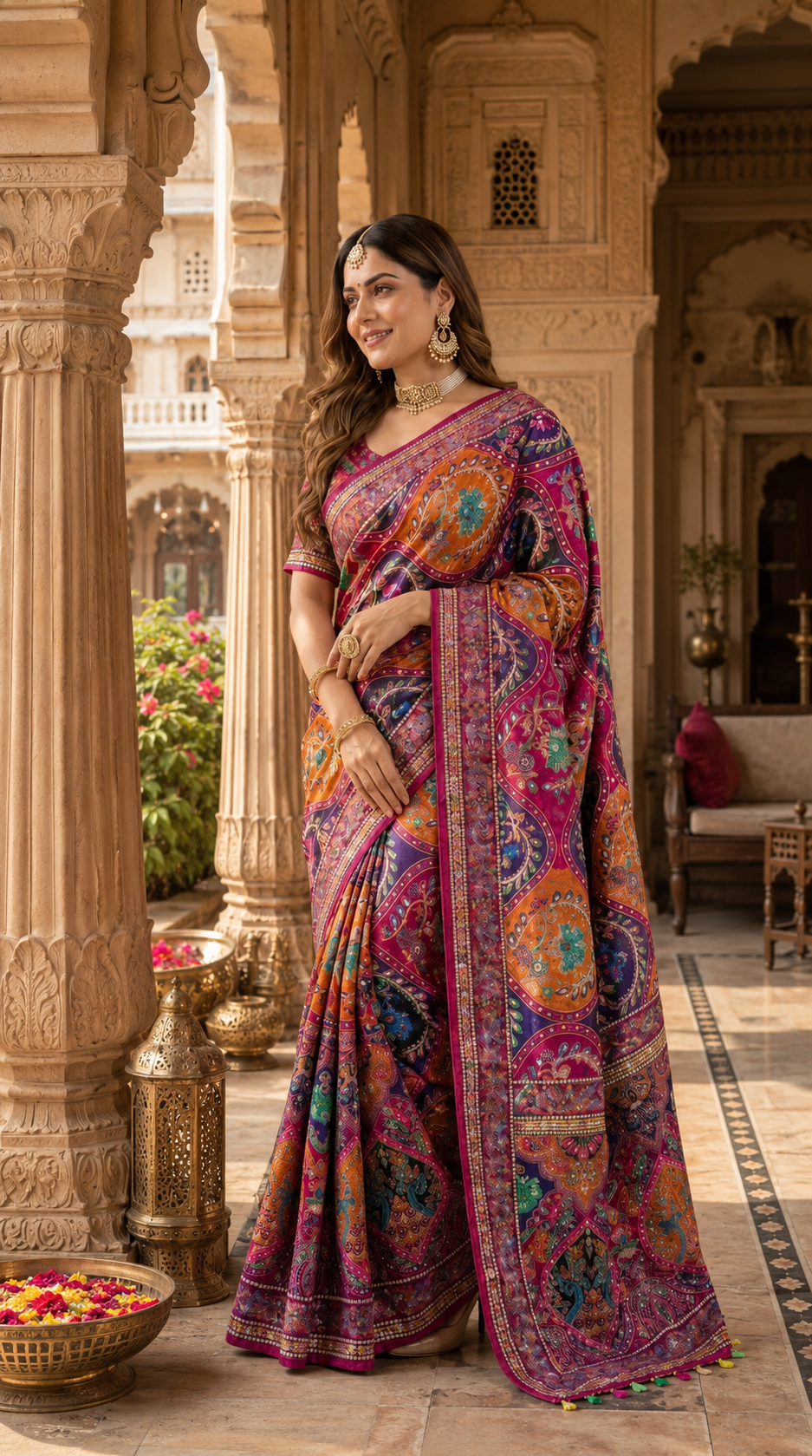 Modal Crepe Silk Mirror Work Saree With Unstitched Blouse(Wine)