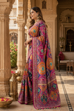 Modal Crepe Silk Mirror Work Saree With Unstitched Blouse(Wine)