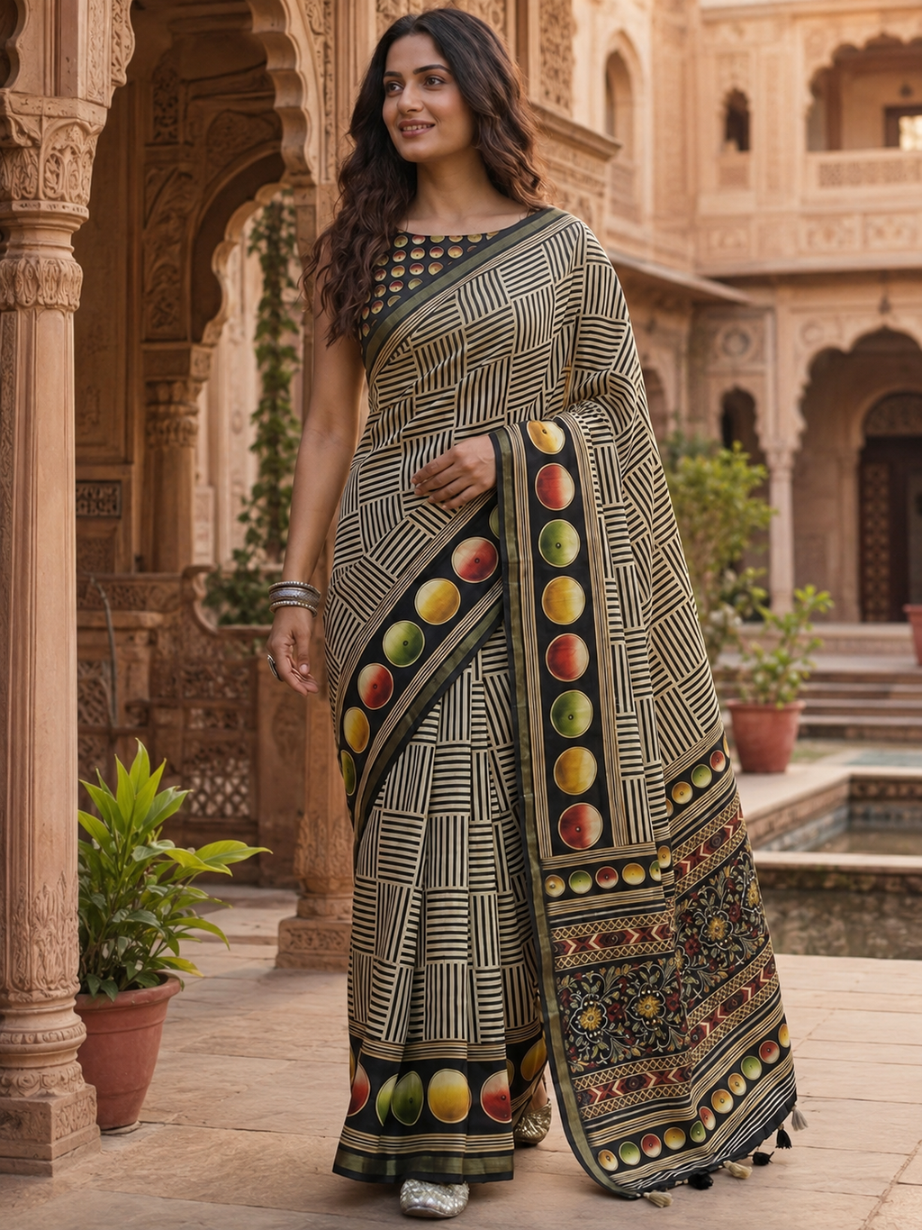 Premium Silk Printed Saree With Unstitched Blouse(Grey)