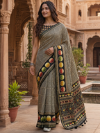Premium Silk Printed Saree With Unstitched Blouse(Grey)