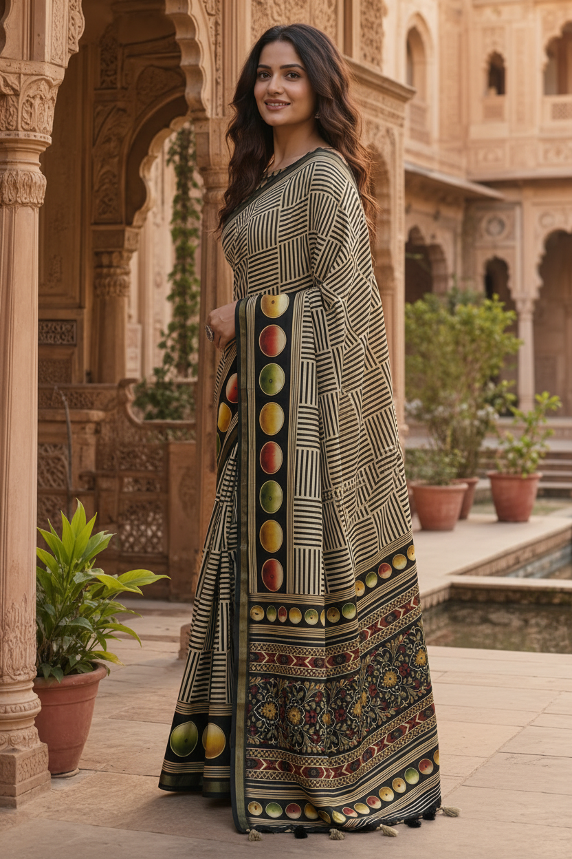 Premium Silk Printed Saree With Unstitched Blouse(Grey)