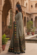 Premium Silk Printed Saree With Unstitched Blouse(Grey)