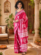 Mulmul Cotton Printed Pocket Saree With Unstitched Blouse(Red)