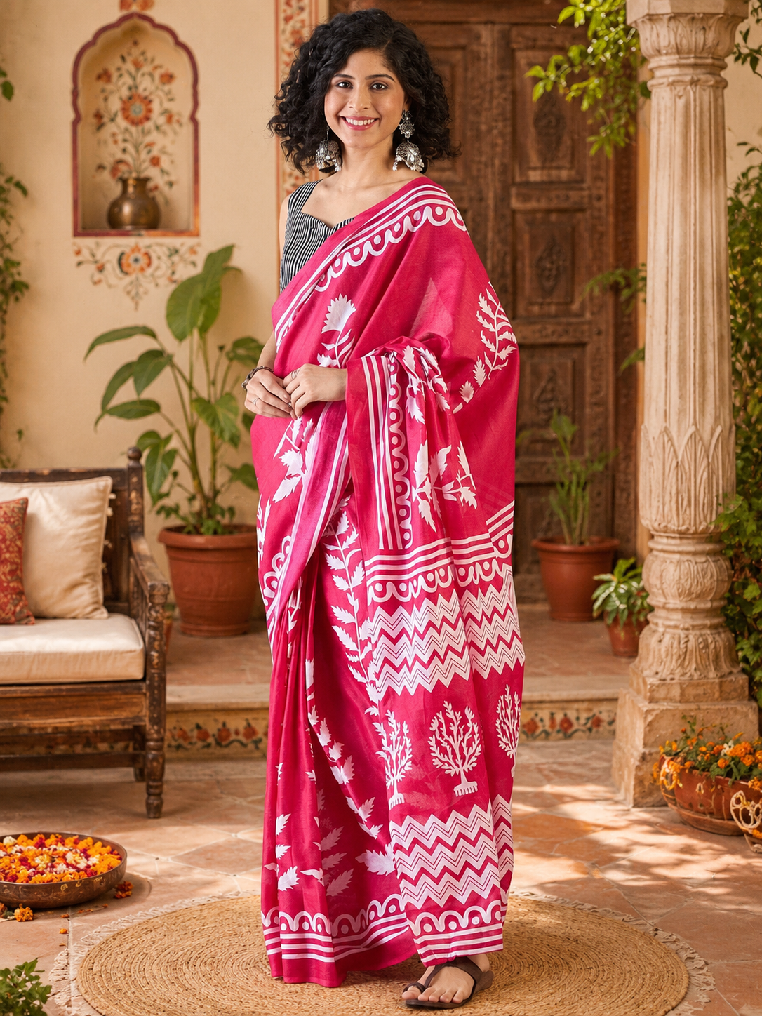 Mulmul Cotton Printed Pocket Saree With Unstitched Blouse(Red)