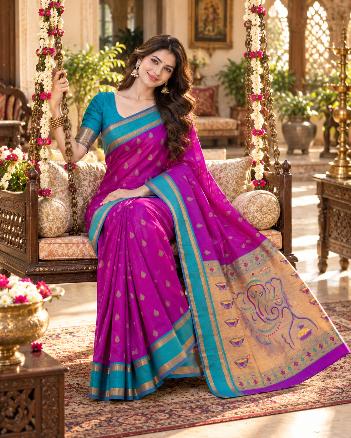 Krittika Premium Paithani Katan Silk Butti Saree With Zari Border Unstitched Blouse (Purple)