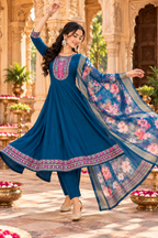 Cotton Embroidery Work Kurti Pant Set With Dupatta(Blue)