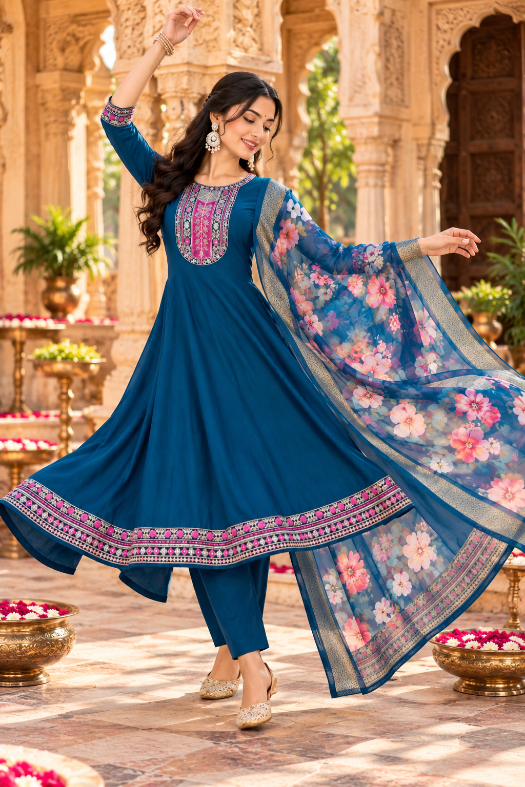 Cotton Embroidery Work Kurti Pant Set With Dupatta(Blue)