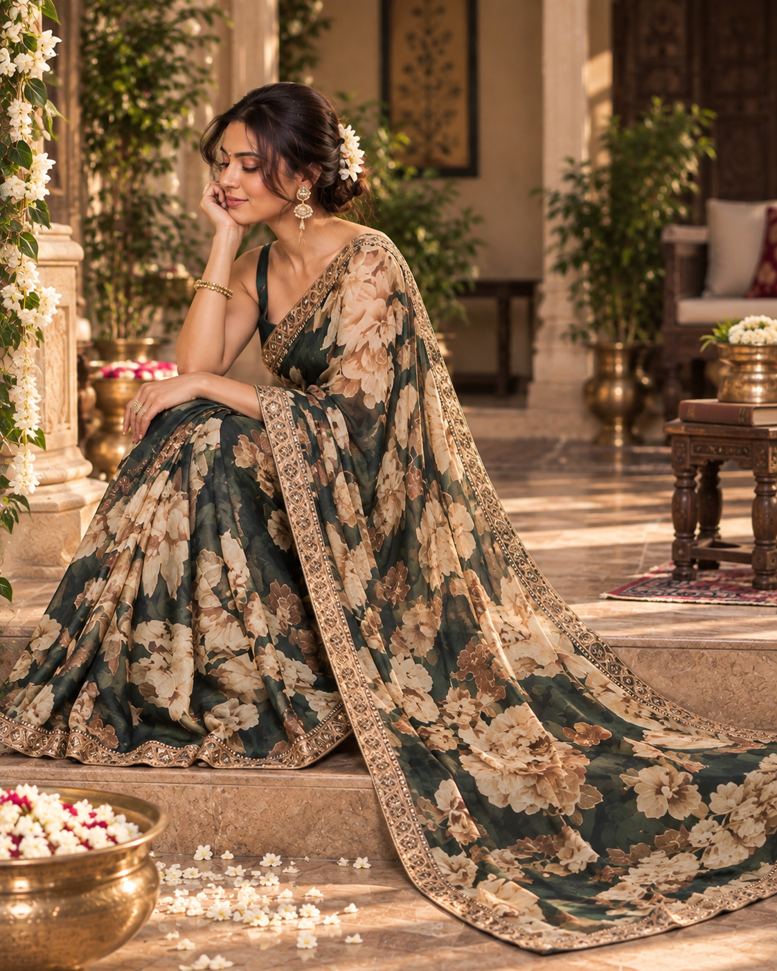 Georgette Printed Embroidery Work Digital Print Saree With Unstitched Blouse(Green)
