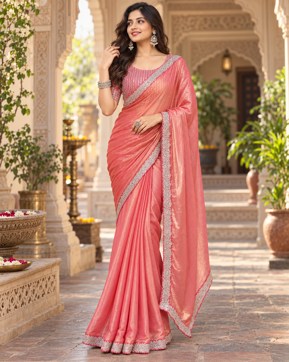 Chiffon Designer Saree With Unstitched Blouse(Brink Pink)