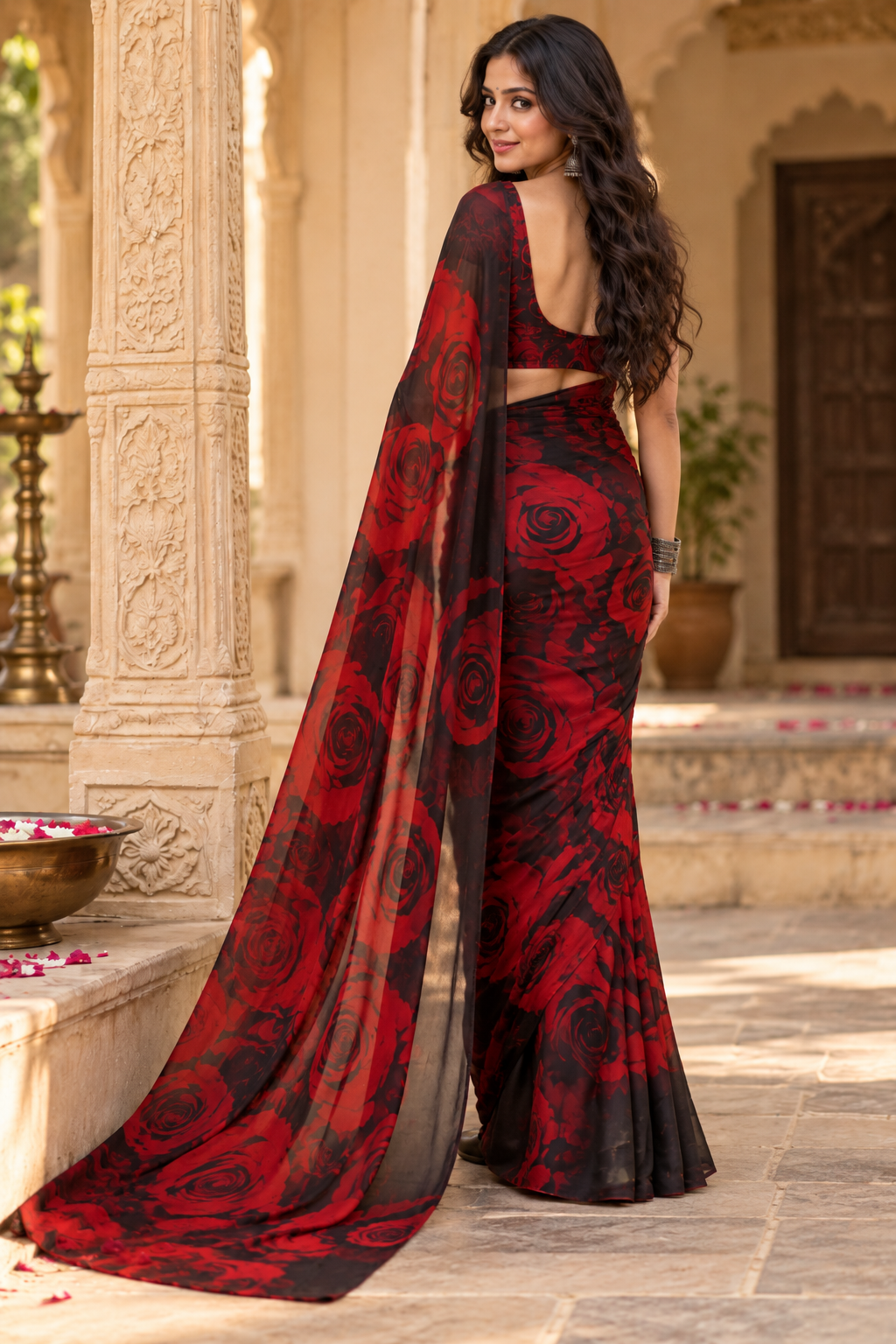 Chiffon Designer Print Saree With Unstitched Blouse(Red)