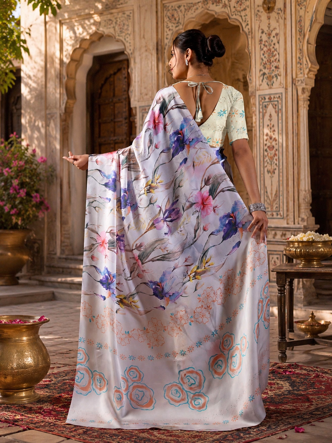 Satin Silk Digital Printed Saree With Unstitched Blouse(White)