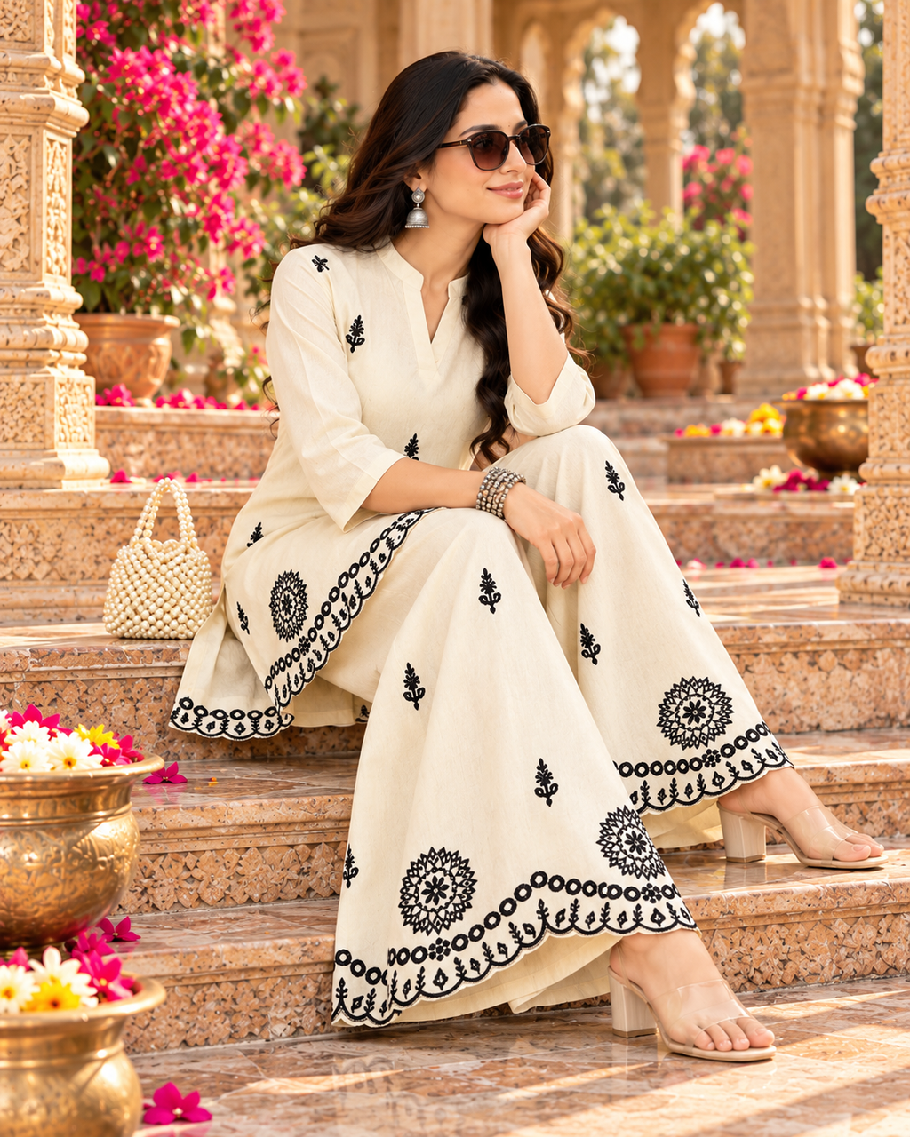 Pure Cotton Embroidery Work Co-Ord Set(White)