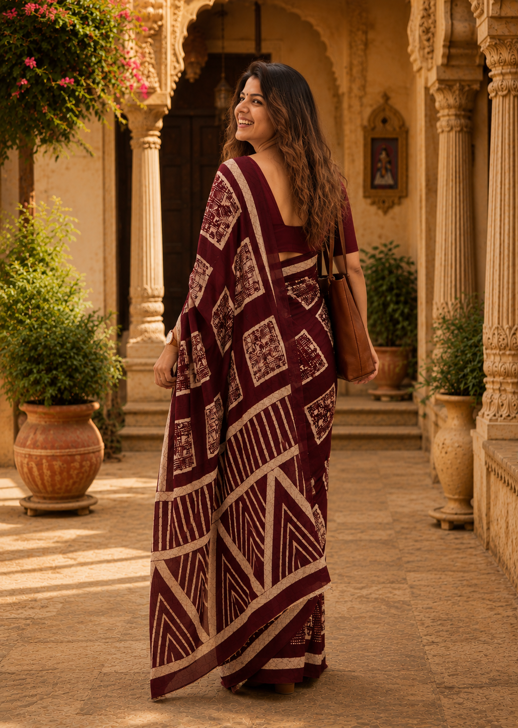 Mulmul Cotton Batik Hand Block Print Saree With Unstitched Blouse(Maroon)