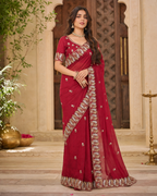 Satin Silk Saree With Unstitched Blouse(Red)