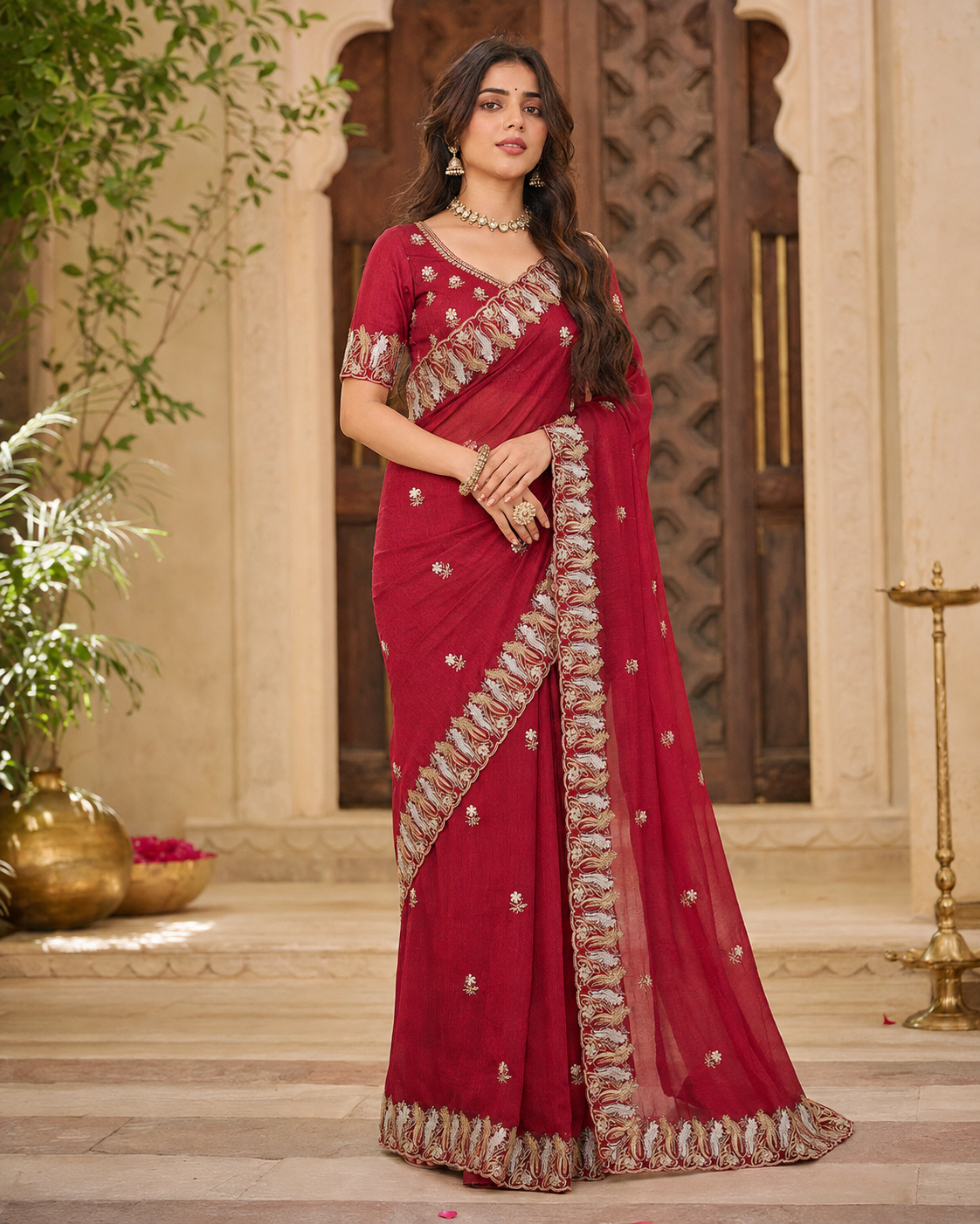 Satin Silk Saree With Unstitched Blouse(Red)