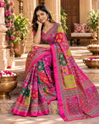 Pure Chinon Silk Heavy Mirror Work Saree With Unstitched Blouse(Pink)