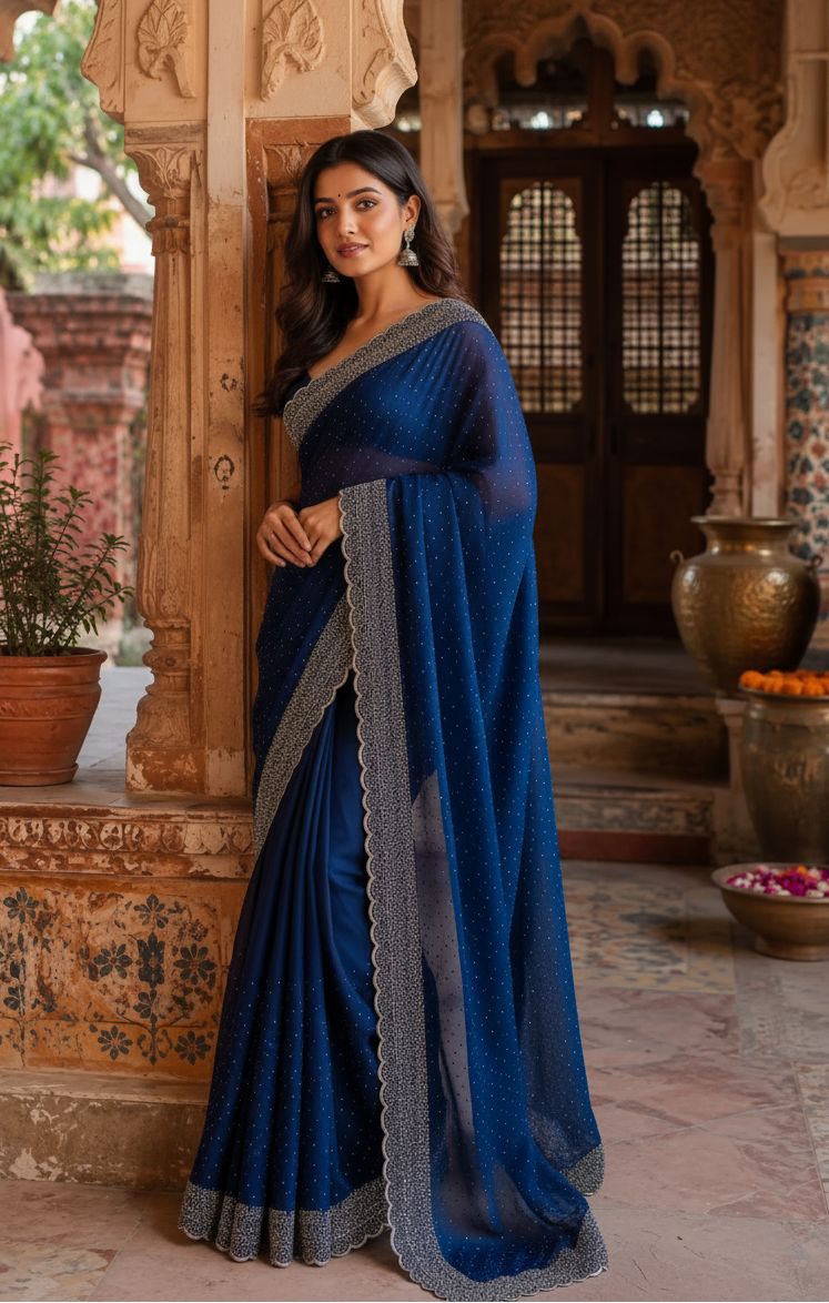 Soft Space Silk Diamond Lace Border Saree With Unstitched Blouse(Navy Blue)