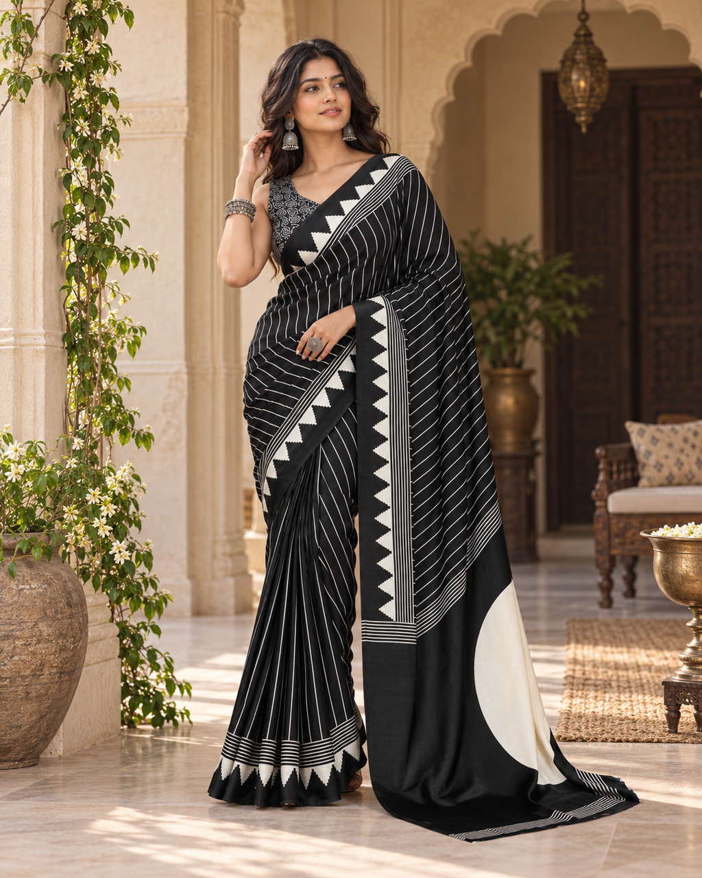 Satin Silk Ajrakh Printed Saree With Unstitched Blouse(Black)