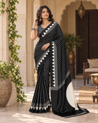 Satin Silk Ajrakh Printed Saree With Unstitched Blouse(Black)