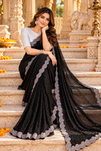 Georgette Sequin Work Saree With White Unstitched Blouse(Black)