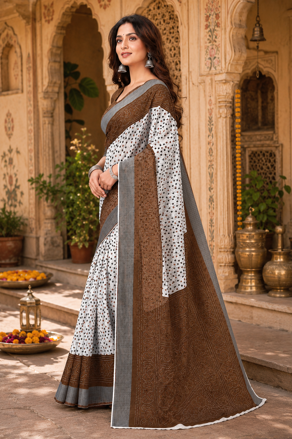 Linen Printed Saree With Unstitched Blouse(Coffee)