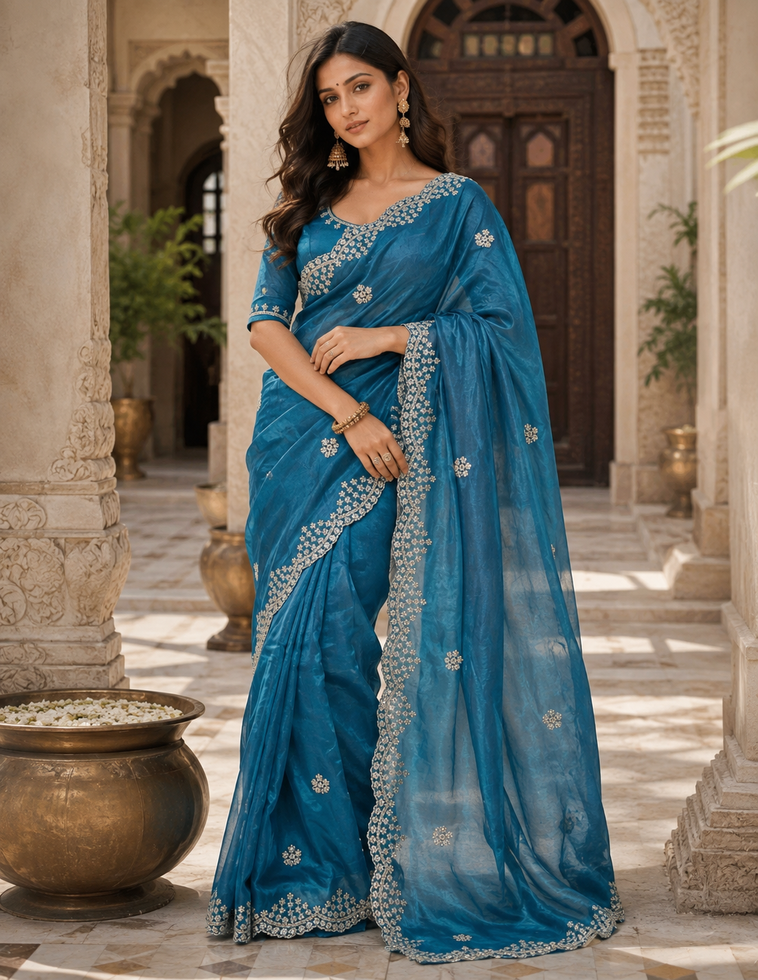 Space Silk Sequins Work Saree With Unstitched Blouse(Blue)