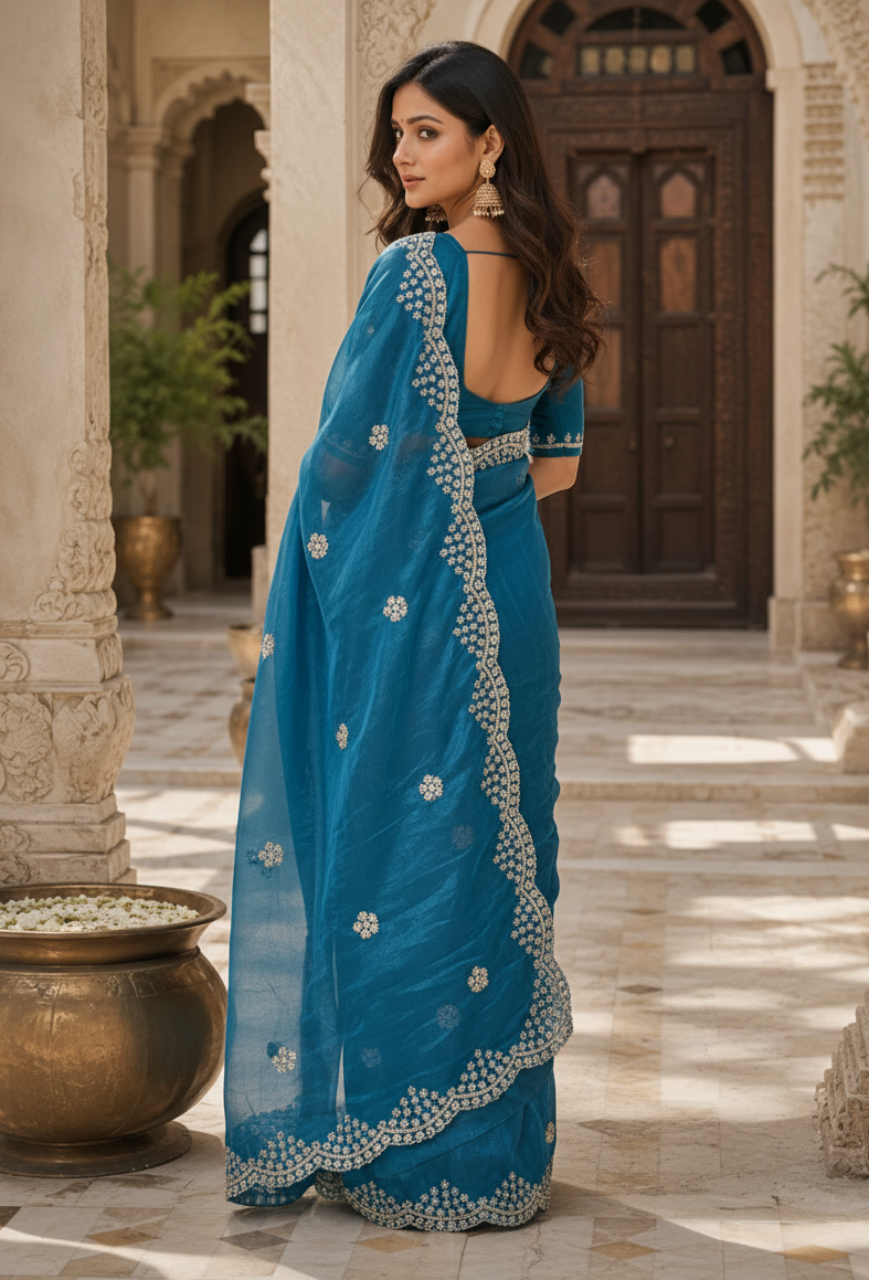 Space Silk Sequins Work Saree With Unstitched Blouse(Blue)