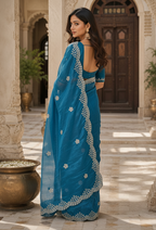 Space Silk Sequins Work Saree With Unstitched Blouse(Blue)