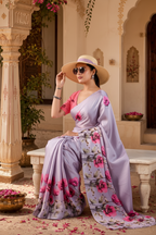 Satin Georgette Printed Printed Saree With Unstitched Blouse(Purple)