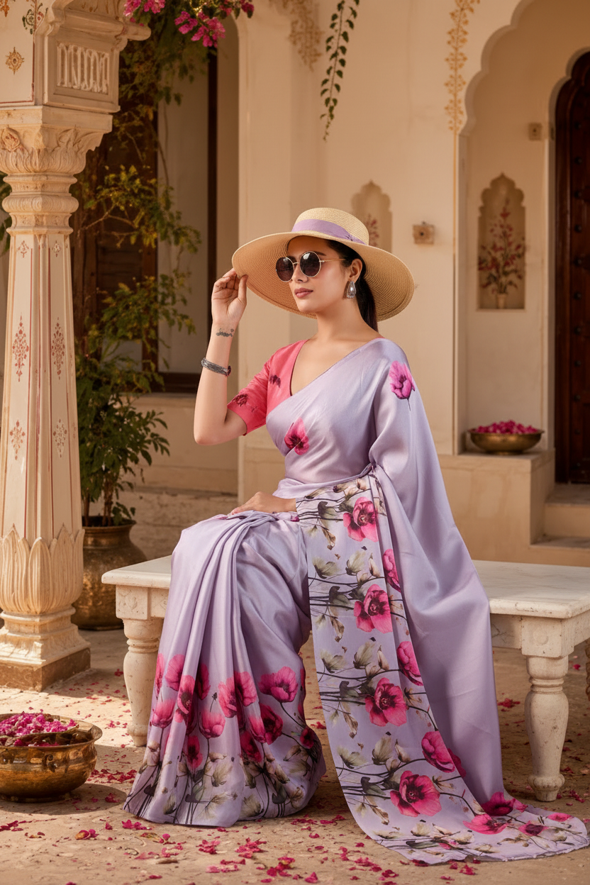 Satin Georgette Printed Printed Saree With Unstitched Blouse(Purple)