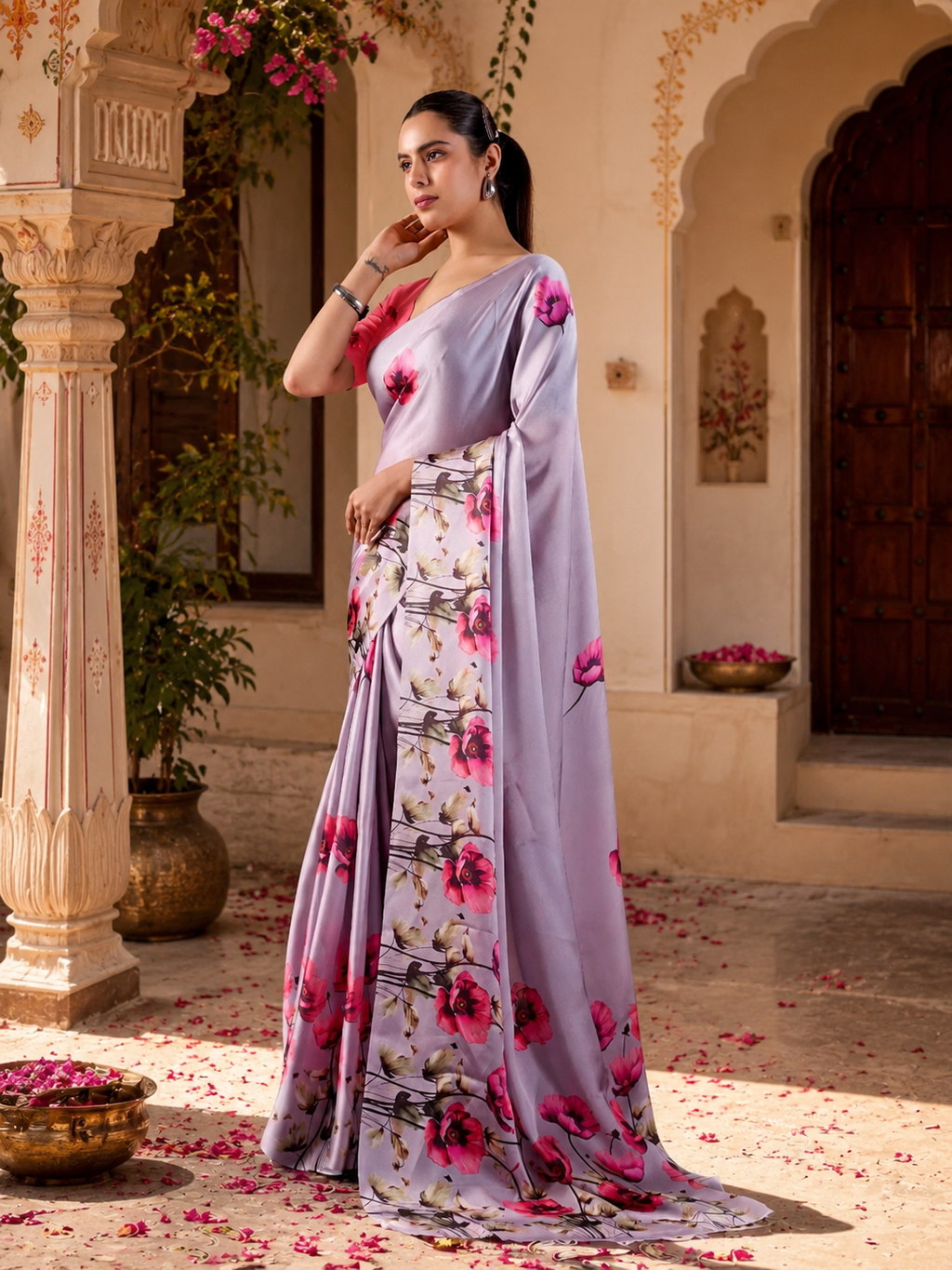 Satin Georgette Printed Printed Saree With Unstitched Blouse(Purple)