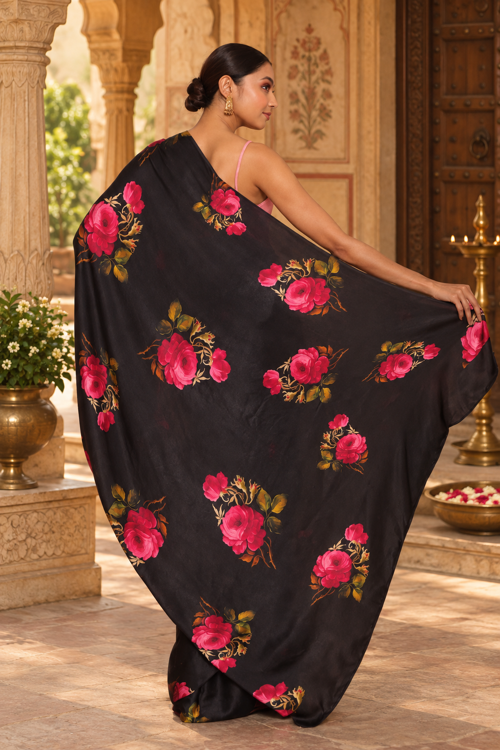 Satin Silk Floral Print Saree With Unstitched Blouse(Black)