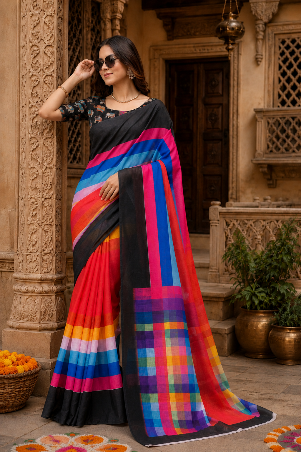 Linen Printed Saree With Unstitched Blouse(Multicolor)