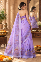 Linen Silver Zari Border Fumka Latakan Saree With Zari Border Unstitched Blouse (Lavender)